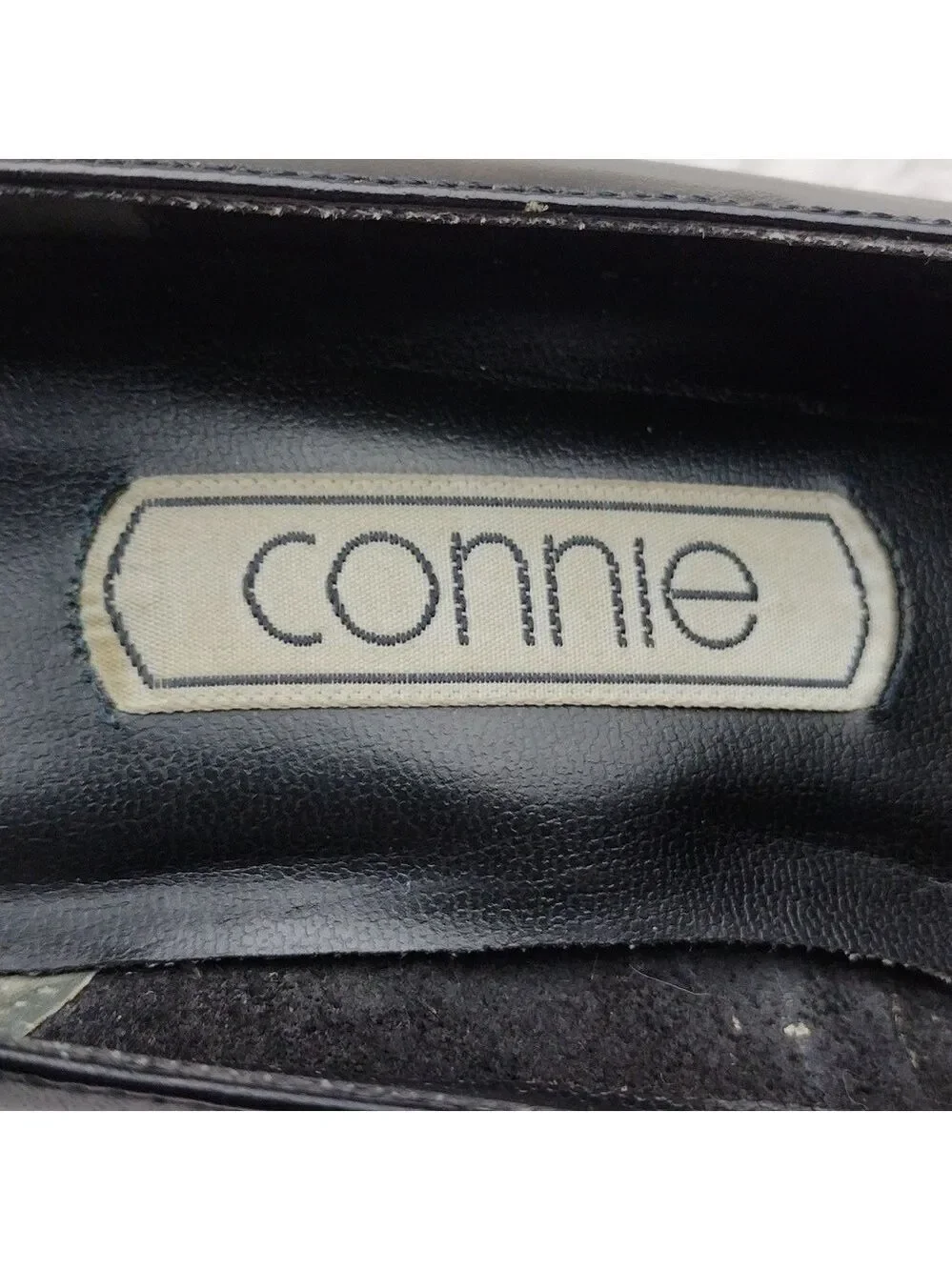 Connie Celia Black Leather Faux Bow Upper Pointed-Toe Kitten Heel Slip On Shoe